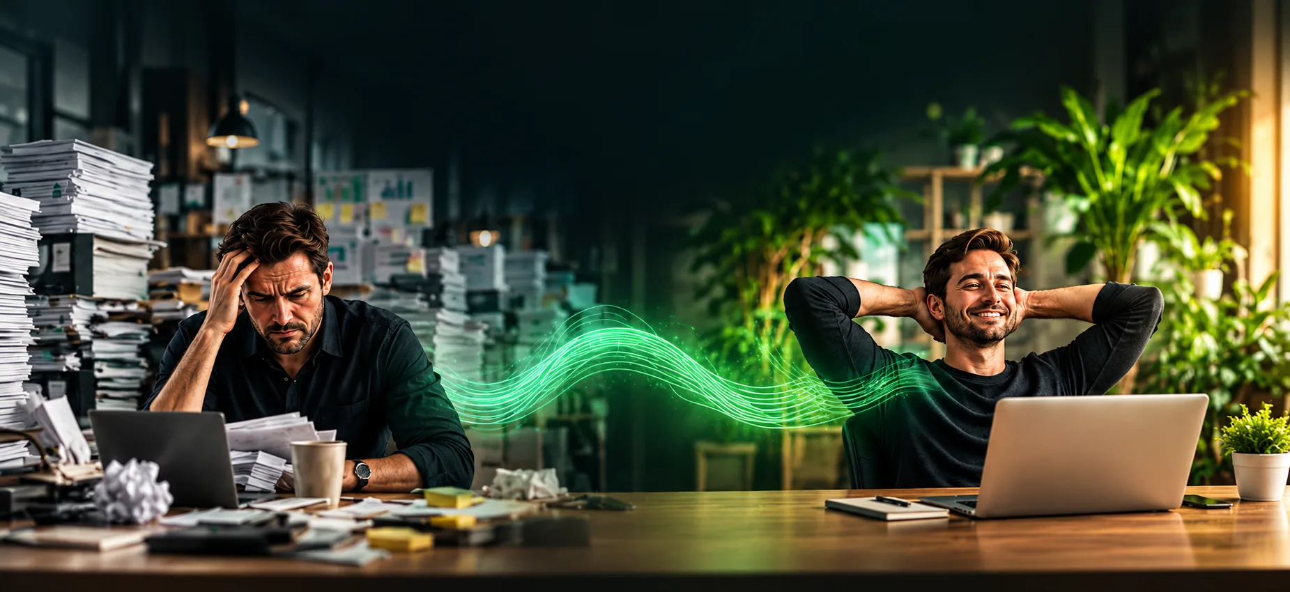 An overwhelmed agency owner at a desk piled with paperwork, and a relaxed agency owner at a clean desk, joined by a green wave